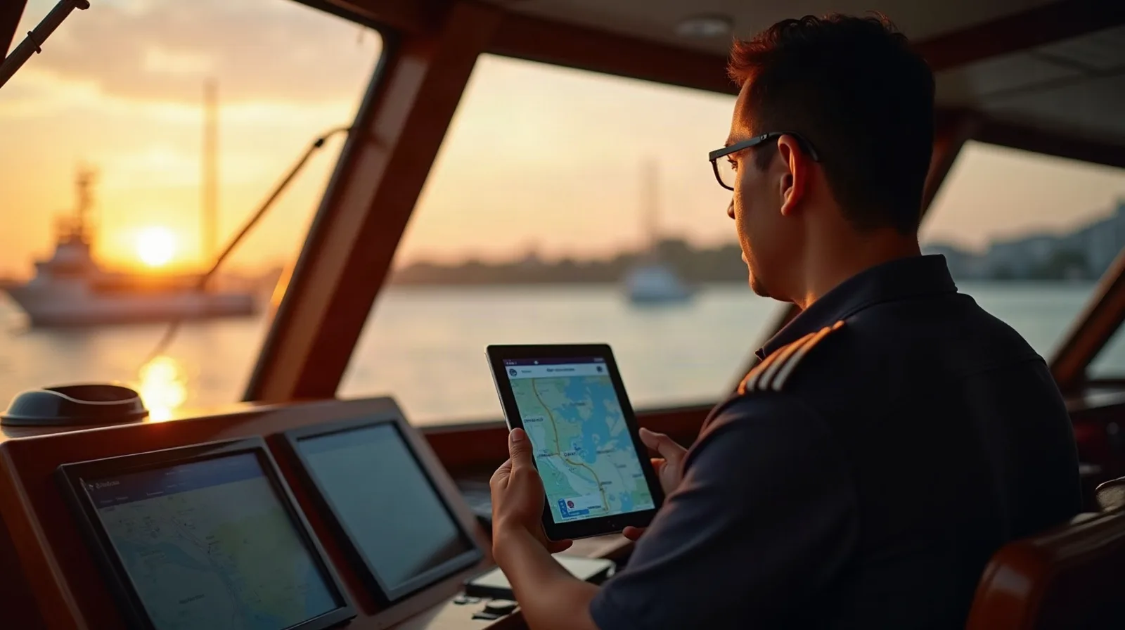 Captain at the helm reviewing a route tablet in Benoa harbour at dawn