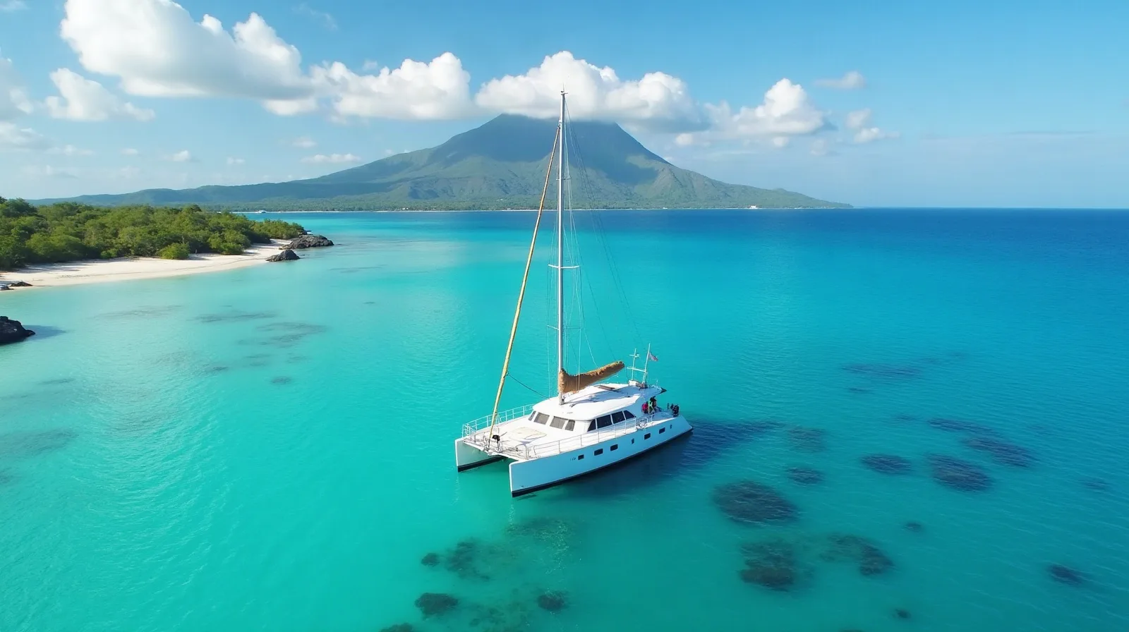 Sailing catamaran anchored in turquoise shallows off the Gili islands