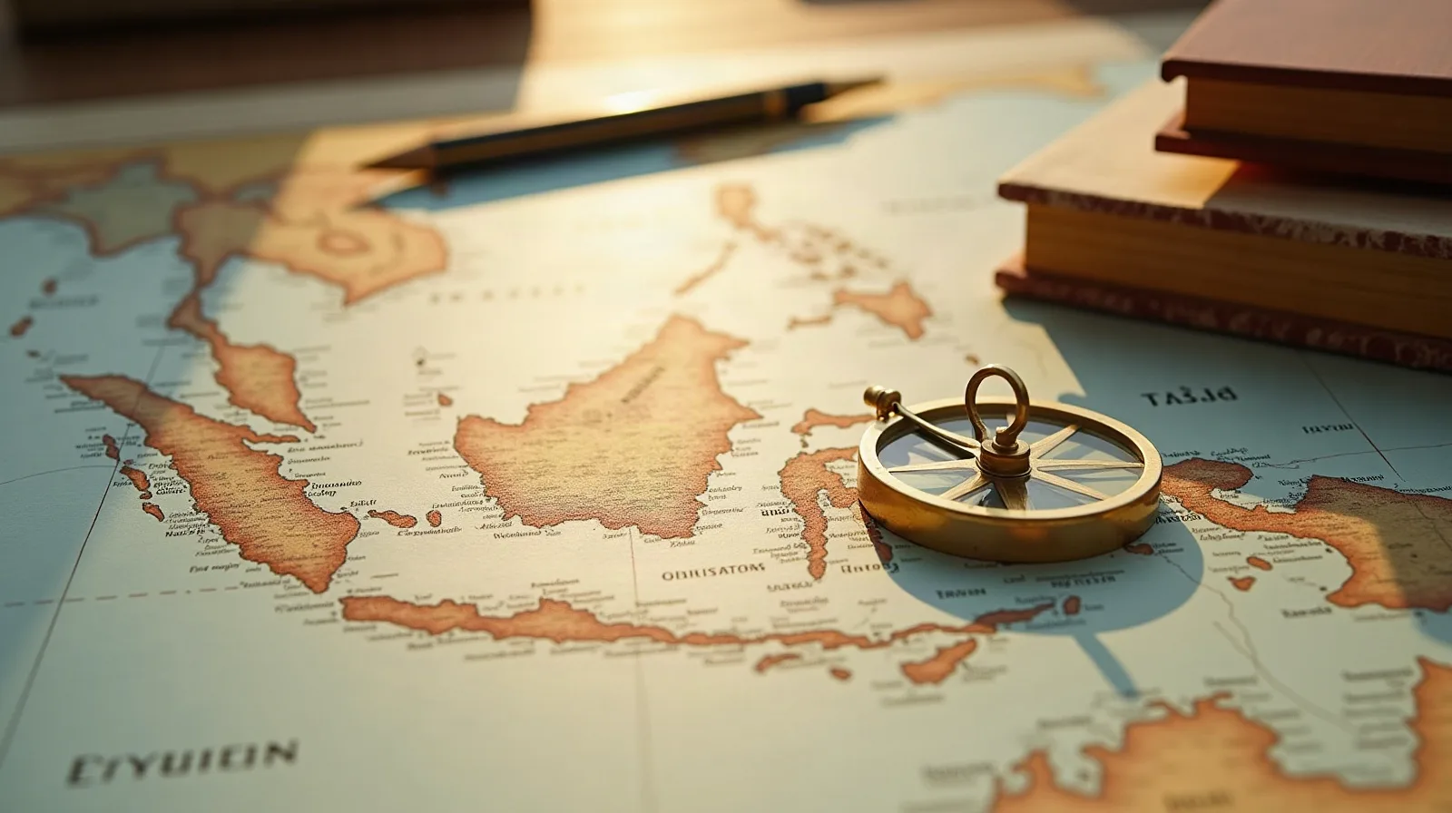 Nautical chart of the Indonesian archipelago with brass divider compass and route lines