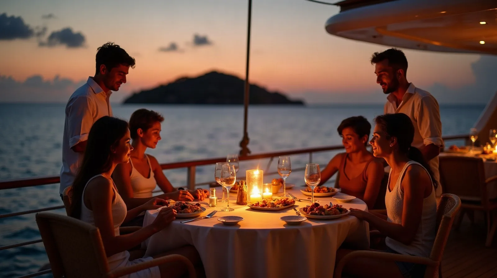 Guests dining on the candle-lit deck of a crewed charter yacht at dusk