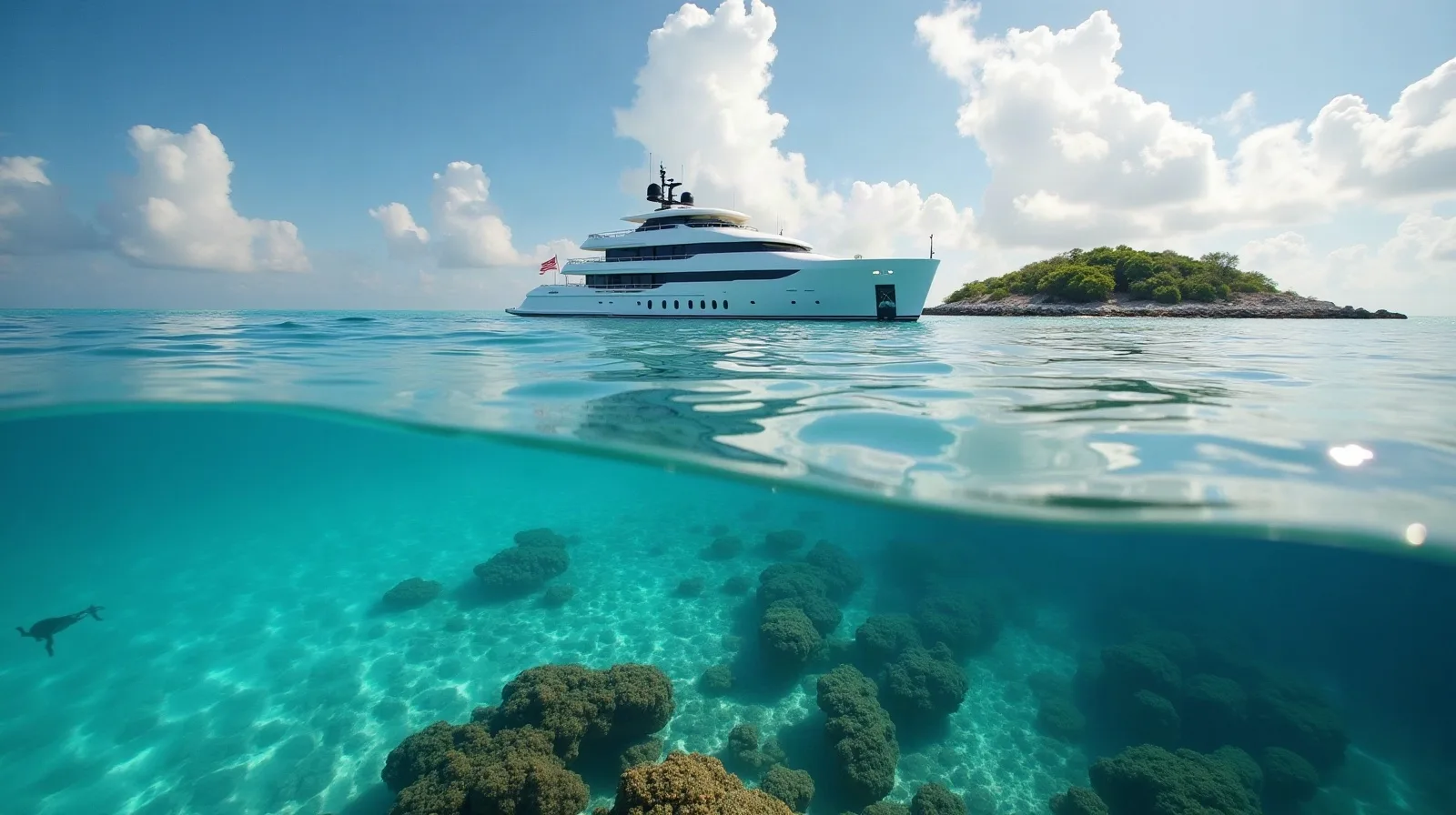 Superyacht at anchor beside a remote Wakatobi reef with coral visible through clear water